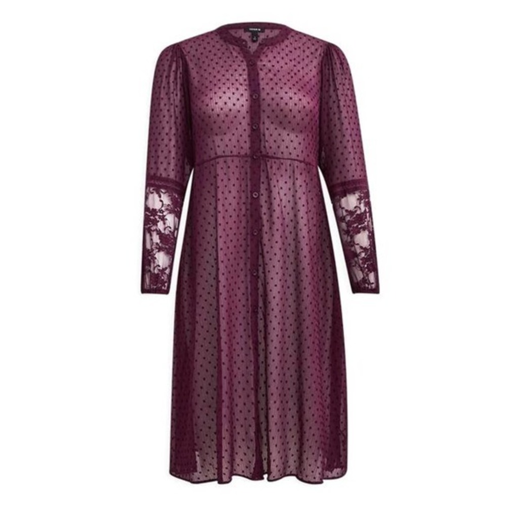 Torrid 1 (1X 14/16) Purple Clip Dot Button Front Long Semi Sheer Kimono Blouse